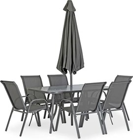 Zestaw Mebli Ogrodowych NEBRASKA Szary 6 Krzeseł Stół Tarasowy Parasol Nowoczesny