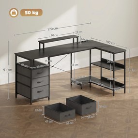 HOMCOM Biurko w kształcie L, odwracalne biurko narożne z szufladami i półkami, 170 cm, czarne | Aosom PL