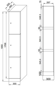 Szafka skrytkowa, 3 schowki, 1850 x 300 x 500 mm, zamek RFID, drzwi niebieskie