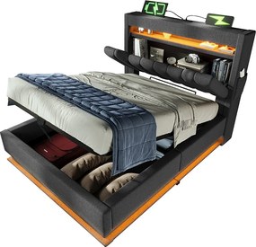 Łóżko tapicerowane ze schowkiem - 90 x 200 cm - zagłówek ze schowkiem z USB i Type-C - z diodami LED - z materacem - len - szary