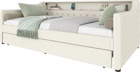 Rozkładana kanapa 90 x 200 cm - z oświetleniem LED - z wsuwanym łóżkiem - z USB - len - z stelażem lamelowym - ​​beżowy​