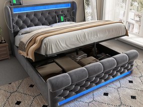 Łóżko skrzynia tapicerowane 140x190cm - z LED - z portami USB i Type-C - Welur - Szary