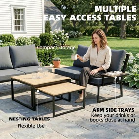 Outsunny Zestaw Mebli Ogrodowych w L Z Metalową Konstrukcją dla 4 Osób z 2 Sofami i Poduszkami oraz 2 Stolikami w Kolorze Teak | Aosom PL