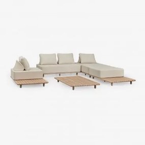 Zestaw Ogrodowy Z Modułową Sofą Chaise Longue 3-częściową, Stolikiem Bocznym, Fotelem I Stolikiem Kawowym 160x95 Cm Z Akacji Por Jasny Akacjowy Brąz -