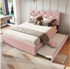Łóżko podwójne 140 x 200 cm, różowy aksamit, z wysuwanym łóżkiem i stelażem - bez materaca