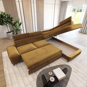Masseno Narożnik AVISE z funkcją spania i pojemnikiem na pościel Narozniki L, Rozkładana sofa - Żółty, MONOLITH 48