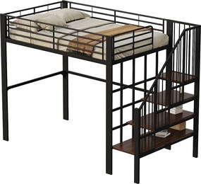 Łóżko mezzanine 140x200cm z metalu - z półkami i drabiną bezpieczeństwa - Czarny (materac nie jest w zestawie)