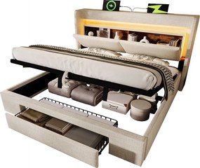 Łóżko tapicerowane hydrauliczne ze schowkiem - 160 x 200 cm - ze schowkiem na pościel w zagłówku + diody LED + USB + szuflada - pościel - beżowe (z materacem)