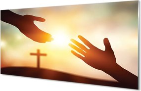 Szkło do Kuchni na Ścianę Modlitewne Ręce pod Krzyżem