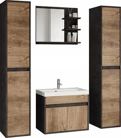 Nowoczesny zestaw mebli łazienkowych 4 elementy – szafka z umywalką, słupki, lustro matera/kasztan mat