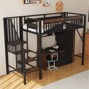 Łóżko piętrowe metalowe - 90 x 200 cm - z barierką + drabinką bezpieczeństwa - drewno + metal - czarne