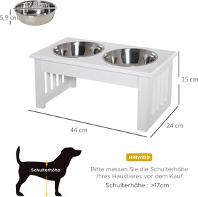 PawHut Podwyższony stojak na miski dla psów z podwójną miską dla psów i kotów - Stojak na miski o wymiarach 44D x 24S x 15W cm - 2 miski ze stali nierdzewnej o pojemności 0,9L w zestawie - biały