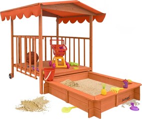 Piaskownica z werandą HAPPY, 130x130x143cm, brązowa/pomarańczowa Jurhan