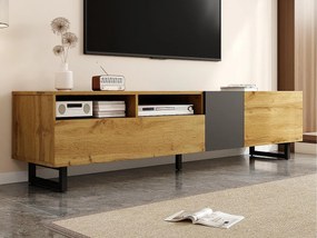 Szafa pod TV 170×36,5×42 cm - 3 drzwi - 2 przegródki przechowawcze - Nogi metalowe w kształcie U - Wykończenie drewnopodobne - Naturalny