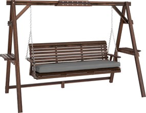 Outsunny Huśtawka hollywoodzka, 3-osobowa huśtawka ogrodowa z drewna, huśtawka z poduszką i półkami do 330 kg Zwęglony | Aosom PL