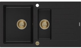 Mexen Matias zlewozmywak granitowy 1,5-komorowy z ociekaczem 900 x 505 mm, czarny, syfon złoty - 6502901505-77-G