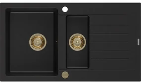 Mexen Matias zlewozmywak granitowy 1,5-komorowy z ociekaczem 900 x 505 mm, czarny, syfon złoty - 6502901505-77-G