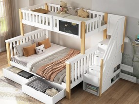 Łóżko piętrowe z litego drewna z szufladami i schodami do przechowywania - 90x200cm + 140x200cm - Białe