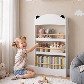 AIYAPLAY Regał na książki dla dzieci, montowany na ścianie regał dziecięcy z 4 poziomami, regał ścienny w kształcie misia, 50 x 15 x 97 cm Biały | Aosom PL
