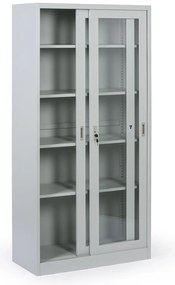 Metalowa szafka z półkami i szklanymi przesuwanymi drzwiami, zdemontowana, 900 x 1850 x 400 mm