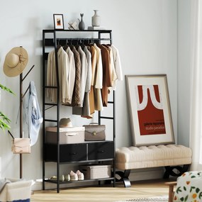 HOMCOM Stojak garderobiany z półką na buty w stylu industrialnym, 2 szuflady z materiału, 8 haczyków, metalowa rama, Czarny