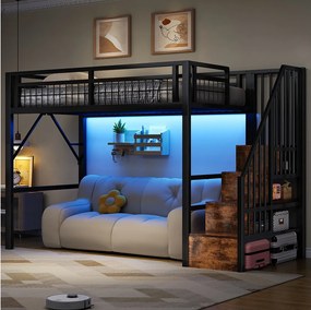 Łóżko piętrowe dla dzieci - 90 x 200 cm - rama żeliwna - z diodami LED + drabinka ze schowkiem - metalowe - czarne