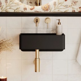 Umywalka z kamienia syntetycznego nablatowa / wisząca prostokątna czarna 43 cm x 25 cm EVELIA Black : Otwór na baterię - Nie, Typ montażu - podwieszana