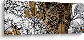 Obraz - Lampart pośród kwiatów (z zegarem) (90x30 cm)