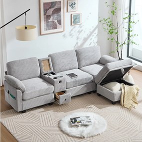Nowoczesna sofa 3-osobowa - 266 x 136 x 82 cm - z 2 uchwytami na kubki + portem USB-C + szufladą + wyjmowanym pufem do przechowywania - aksamit - jasnoszary