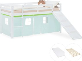 Łóżko piętrowe dla dzieci 90x200 cm białe zielona zasłona z zjeżdżalnią, stelażem i materacem