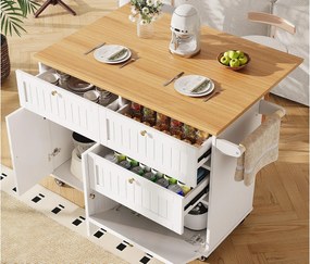 Mobilna wyspa kuchenna – rozsuwany blat – 3 szuflady i 2 drzwi – 1 uchylne drzwi – z wieszakiem na ręczniki – MDF – biały + naturalny