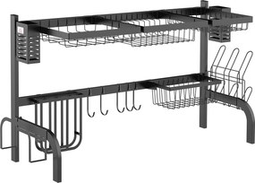 HOMCOM Suszarka na Naczynia, 2-Poziomowy Stojak z Hakami, Talerzami, Akcesoriami, 100 cm Stal, Czarny
