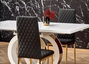 Elegancki rozkładany stół Tazzisto 160-200/90 biały połysk z blatem z MDFu lakierowanego i złotymi detalami do salonu glamour