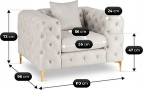 Fotel Wypoczynkowy SORRENTO 1S Kremowy Welurowy Nowoczesny Glamour