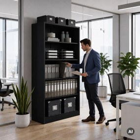Regał biurowy metalowy, skręcany, zabudowany tył, czarny, 900x1850x450 mm: RUFUS