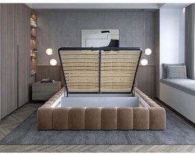 Jasnobrązowe tapicerowane łóżko dwuosobowe ze schowkiem ze stelażem 140x200 cm Lamica – ELTAP