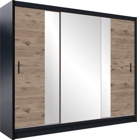 Szafa Przesuwna KAYLE 250 cm z Lustrem Szafa Trzydrzwiowa z Szufladami Czarna