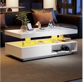 Biały błyszczący stolik kawowy 95x50x42,5 cm - z 4 szklanymi blatami, 2 szufladami i 2 otwartymi przegródkami, niska szafka w salonie, stolik kawowy