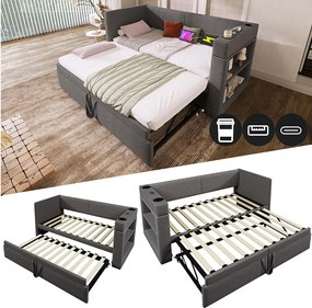 Łóżko dzienne - 90 x 200 cm + 90 x 190 cm - z wysuwanym łóżkiem - podłokietniki z USB + schowek - drewno + bawełna + metal - szary