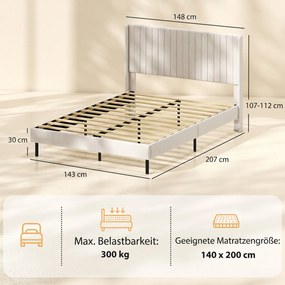 HOMCOM Rama łóżka 140 x 200 cm z regulowanym wezgłowiem, łóżko tapicerowane z 12 listwami, beżowe | Aosom PL