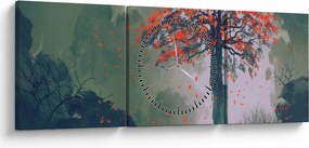 Obraz samotnego czerwonego drzewa (z zegarem) (90x30 cm)