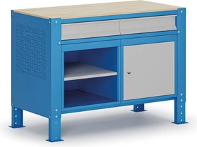 Stół warsztatowy G9, 1 półka, 1 szafka, 2 szuflady, z regulacją wysokości, 1180 x 595 x 715-975 mm, szary/niebieski