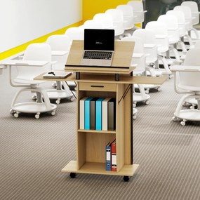 HOMCOM Mobilne podium, podium do wystąpień z składanymi bocznymi skrzydłami, stół na laptopa z szufladą i półkami, wykonane w dębie