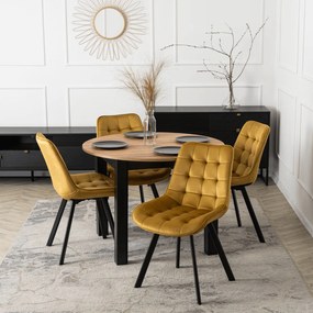 Zestaw Stół Okrągły Rozkładany HARRY 102-142 cm Dąb Craft/Czarny i 4 Krzesła Tapicerowane RICK Musztardowe Nowoczesne