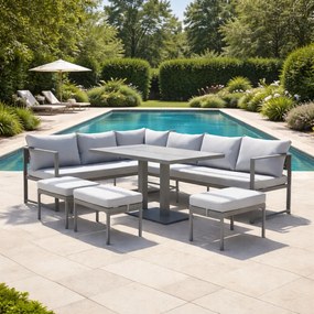 Narożnik ogrodowy Bellagio NM21-G-GR z pufami i ławostołem, szary, poduszki szare