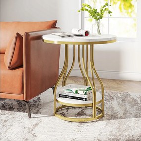 Dwupoziomowy okrągły stolik boczny z białego złota, nowoczesny stolik nocny, mały stolik pomocniczy z półką do przechowywania