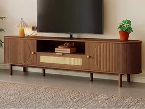 Nowoczesne meble TV 175x36x51 cm - 1 szuflada z rattanu i 2 drzwi - Otwarte półki - Brązowy