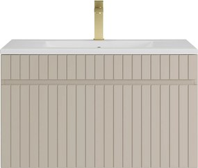 Wisząca szafka łazienkowa prążkowana beżowa z umywalką podblatową do zabudowy i baterią – 80 cm – SATARA