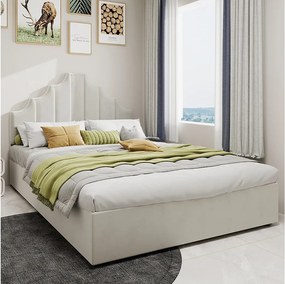 Łóżko z pojemnikiem 160 x 200 cm - Łóżko dla dorosłych z miękkim zagłówkiem i pojemnikiem - beżowy aksamit holenderski - materac nie jest wliczony w cenę