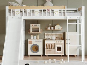 Łóżko piętrowe dla dzieci 90×200 cm - z szafą i schowkami - ze zjeżdżalnią dla dzieci - drewno lite + MDF - białe (materac nie jest zawarty)